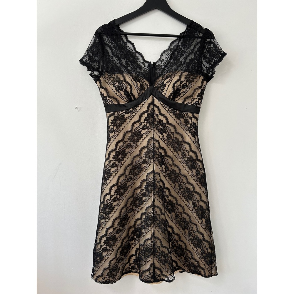 Y2K Dusk Sheila Yen Lace Dress Women 4 Black Tan Coquette Witchy Whimsigoth Goth